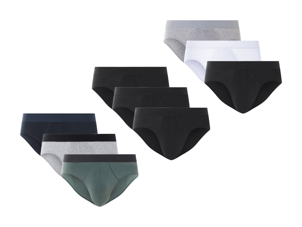 Zehn Herren-Slips aus Baumwolle in verschiedenen Farben.