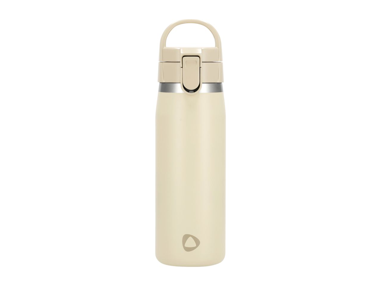 Cream-colored insulated water bottle with a flip-top lid and carrying handle.