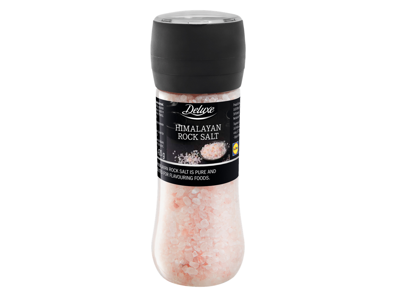 Een molen met Deluxe Himalaya roze zout, met een zwarte dop en een transparante basis die roze zoutkristallen toont.