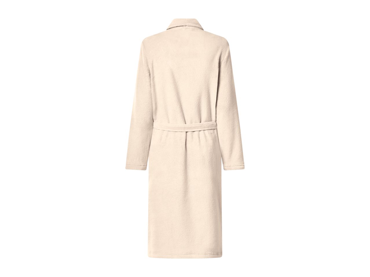 Cream-colored bathrobe with a tie belt, seen from the back.