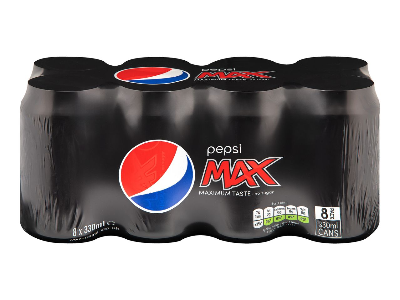 Eight-pack of black soda cans with red and blue logo, labeled 'MAXIMUM TASTE - no sugar'.