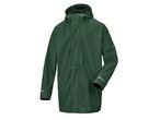 Dark green rain jacket with a hood and reflective stripes.