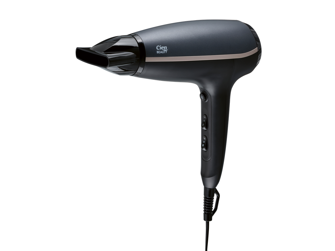 Secador de cabelo preto com detalhes dourados e botões de controlo de temperatura e velocidade.