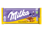 Een verpakking van een melkchocoladereep met biscuitvulling.