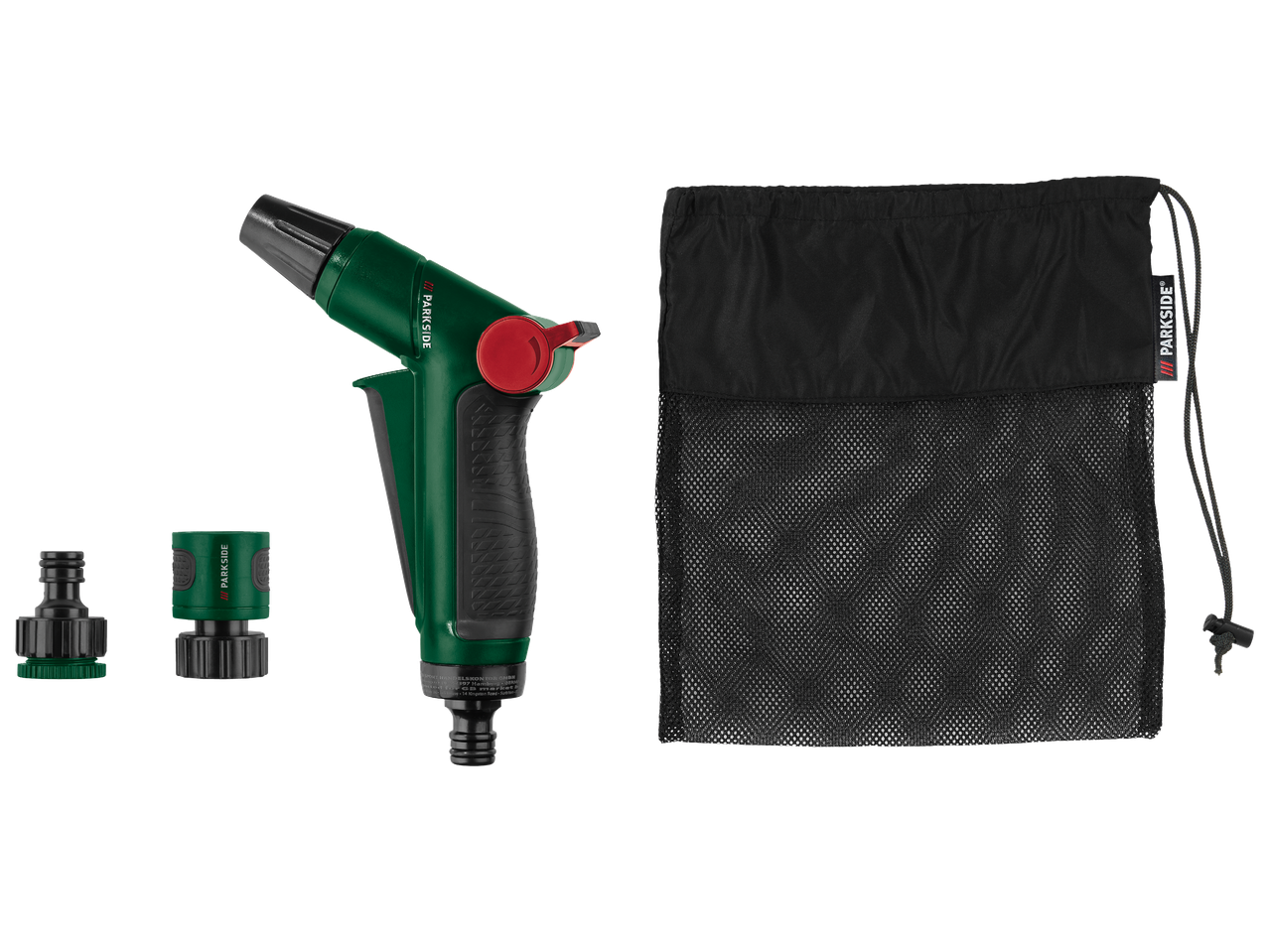 Пистолет за поливане, два адаптера за маркуч и мрежеста торбичка за съхранение.