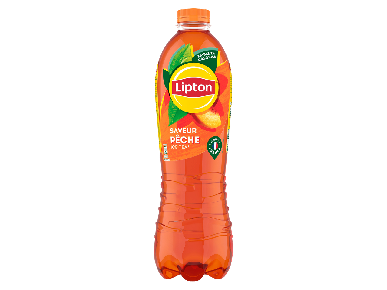 Bouteille de thé glacé à la pêche, faible en calories et produit en France.