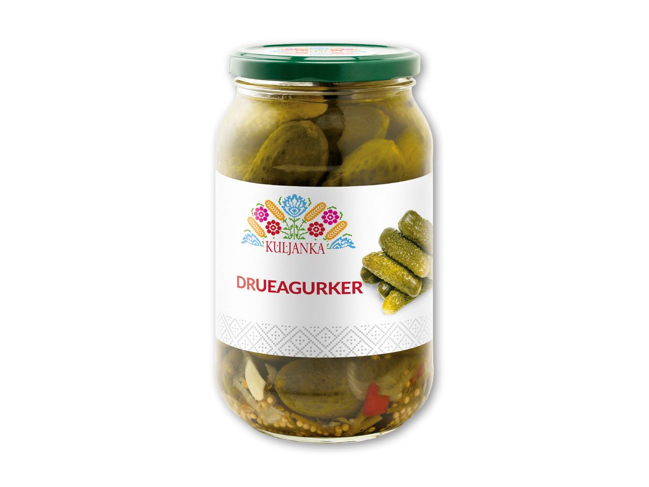 En krukke syltede agurker med en hvid etiket, der viser et blomstermønster og teksten 'DRUEAGURKER'.