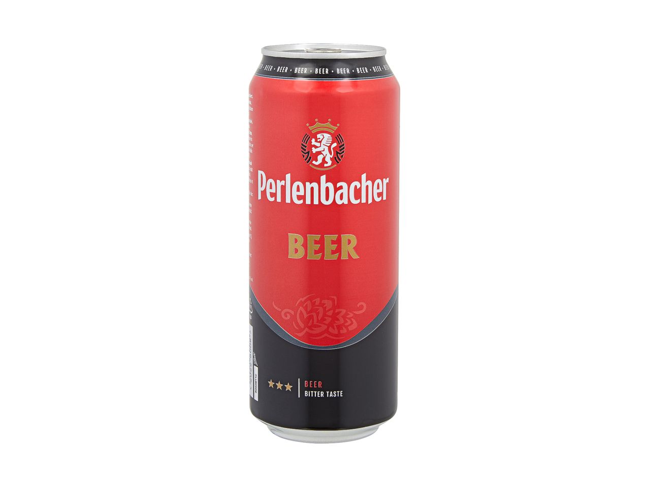 Eine Dose Perlenbacher Bier steht auf weißem Hintergrund.
