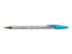 A BIC Cristal 1.0 mm ballpoint pen with a light blue barrel.