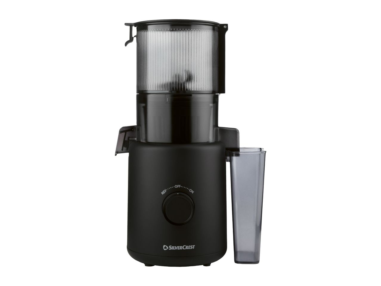 Black slow juicer with a transparent top and a juice collection cup on a white background.