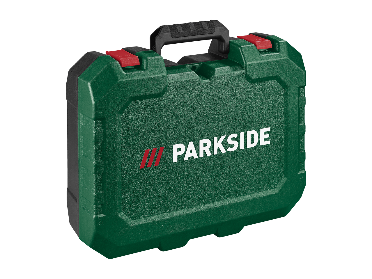Mala verde PARKSIDE para martelo perfurador com fechos vermelhos e pega preta.