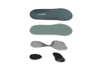 Crivit insoles shown in various stages of production, including the final product and its reflection.