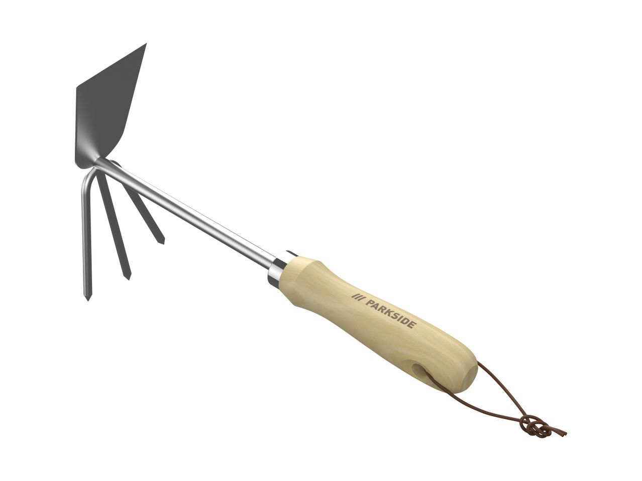 A garden hand hoe with a wooden handle and a brown leather loop.