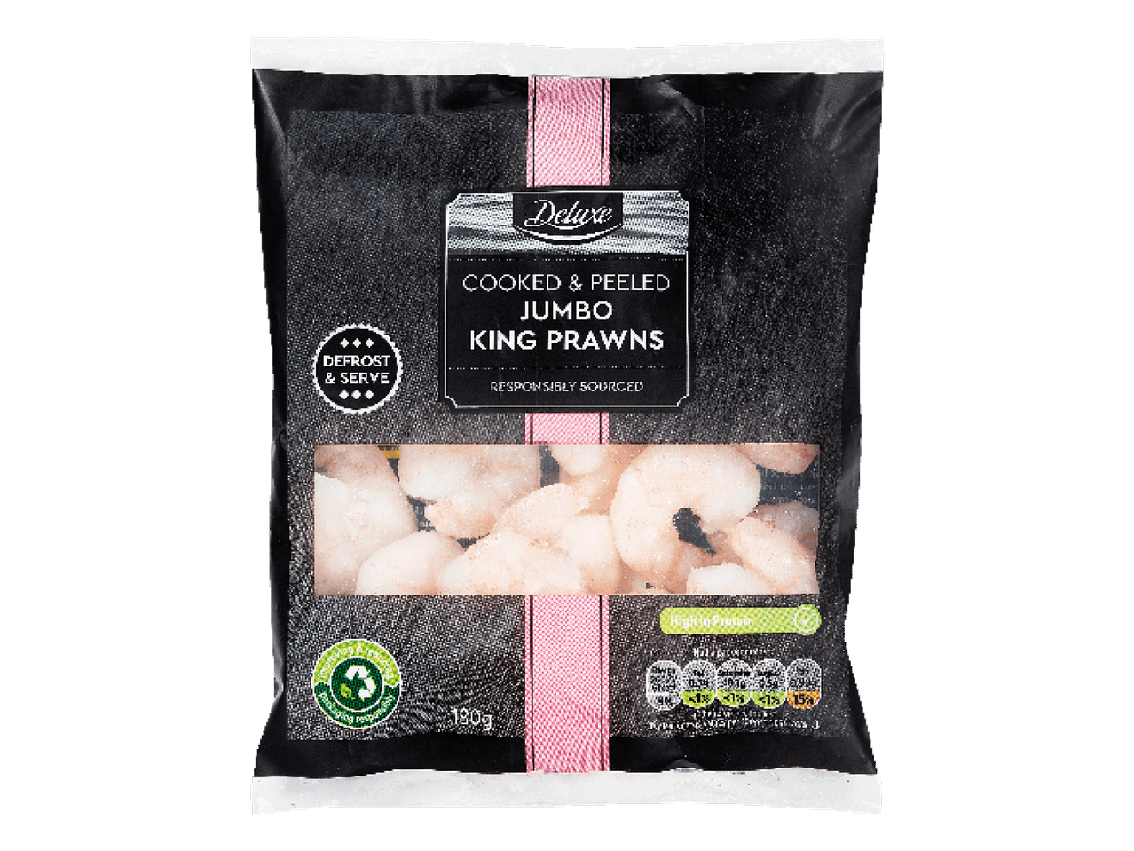 Frozen cooked and peeled jumbo king prawns in a black and pink bag, ready to defrost and serve.