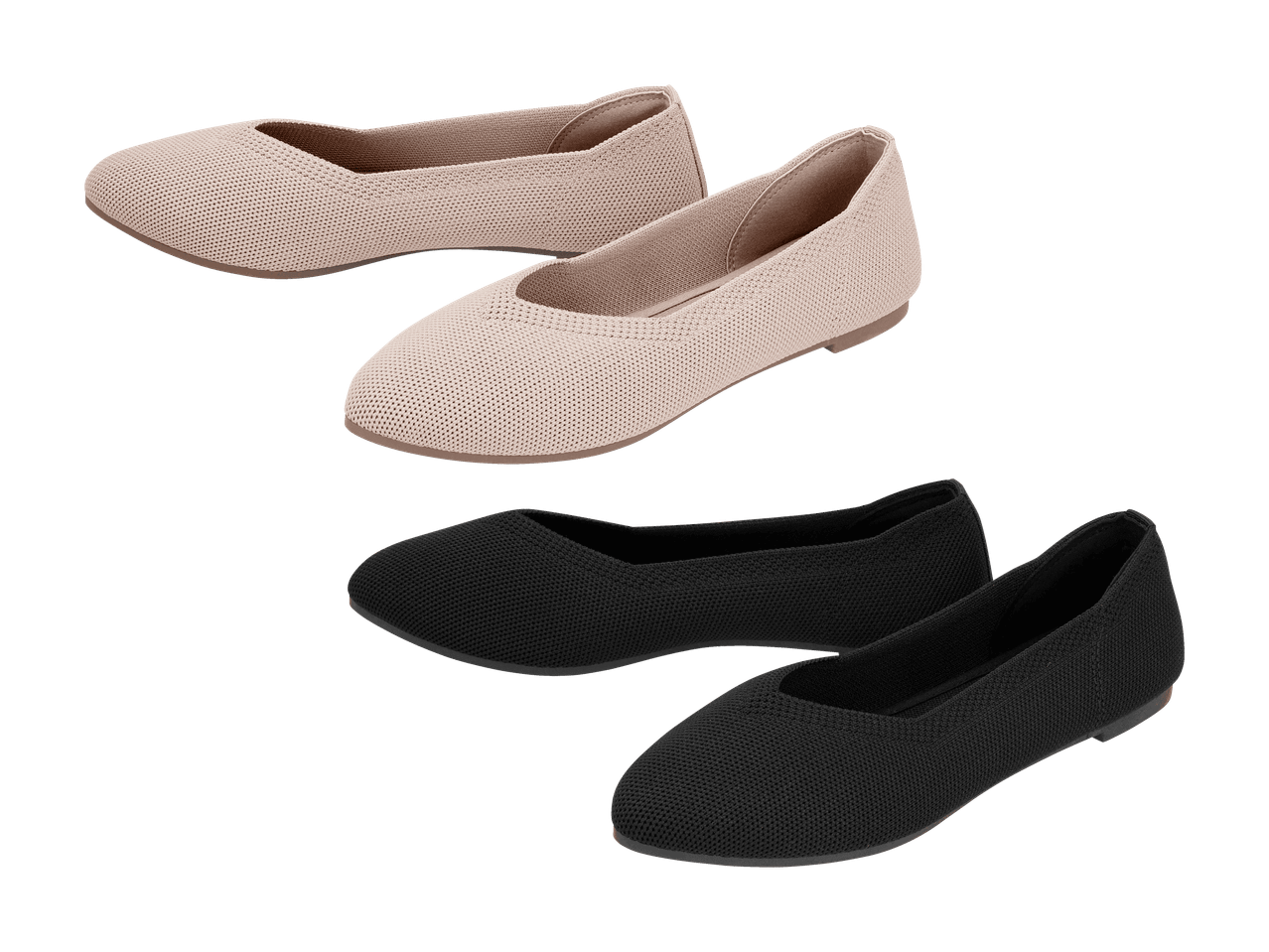 Due paia di ballerine in maglia, uno beige e uno nero.