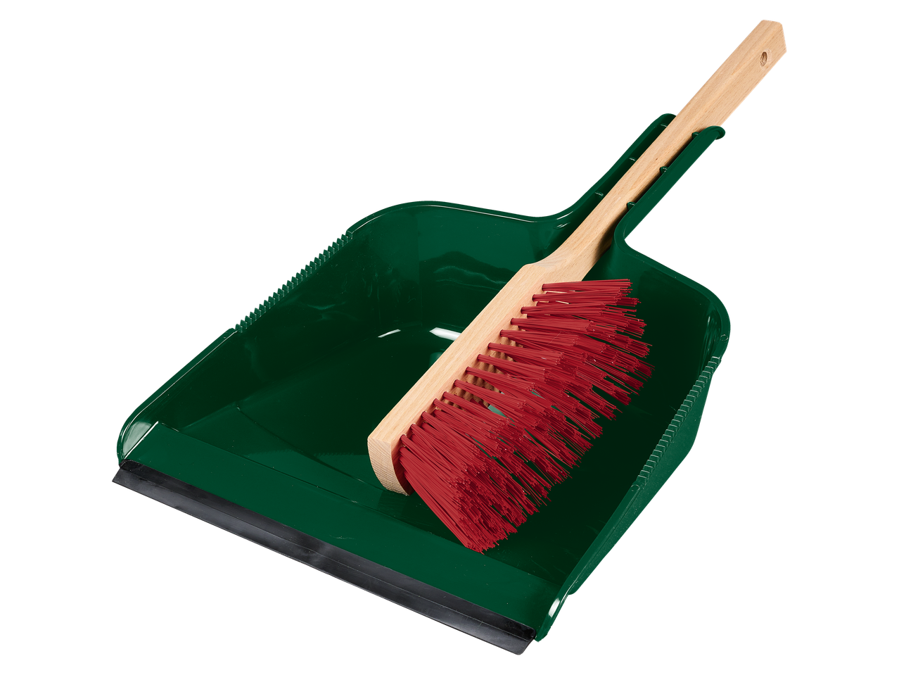 Green dustpan with red wooden brush.