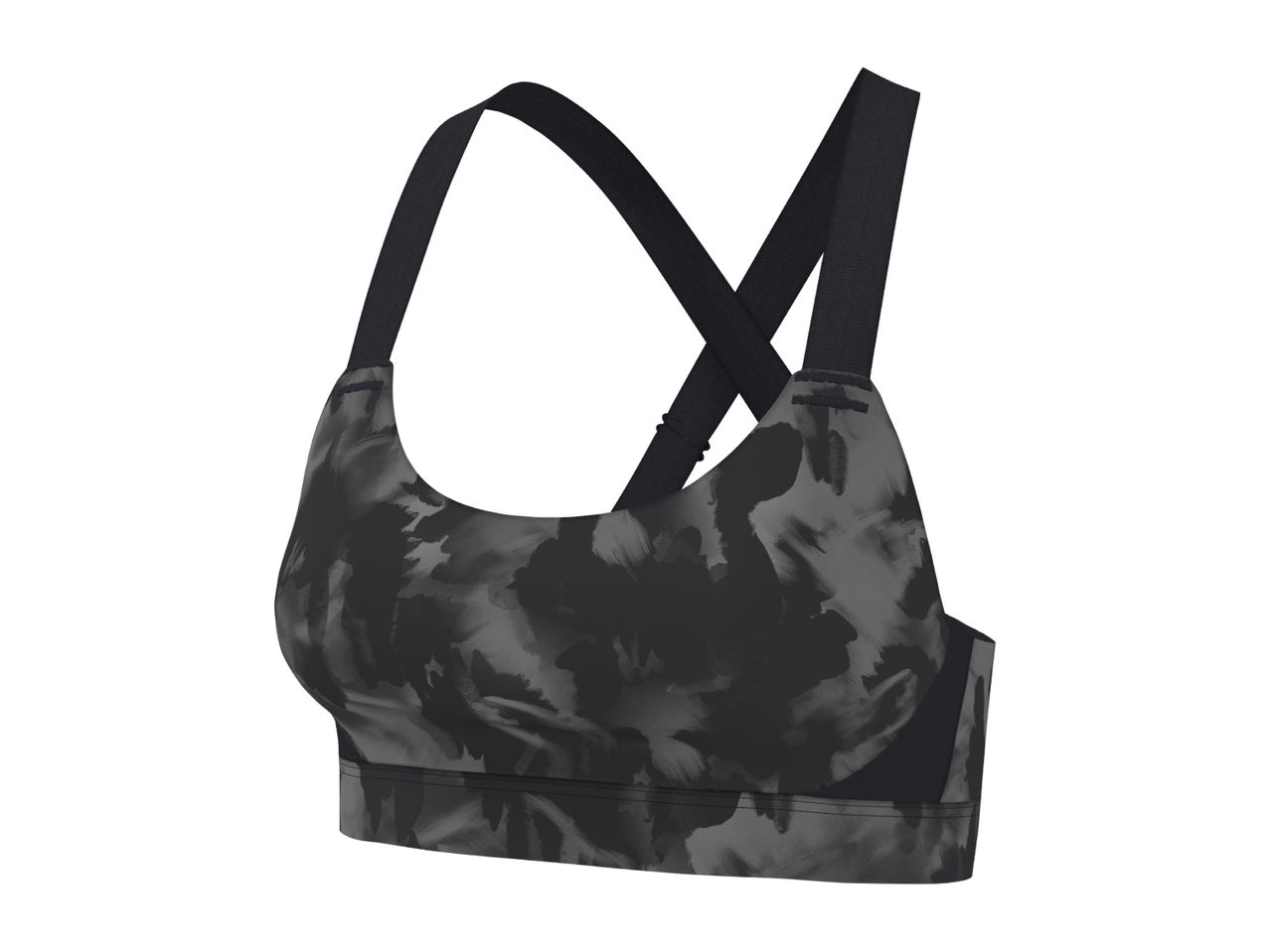Women's sports bra with a black and grey tie-dye pattern and criss-cross straps.