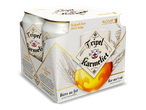 Een verpakking met vier blikjes Belgisch bier, met de tekst 'Bière au fût' en 'Bier van 't vat'.