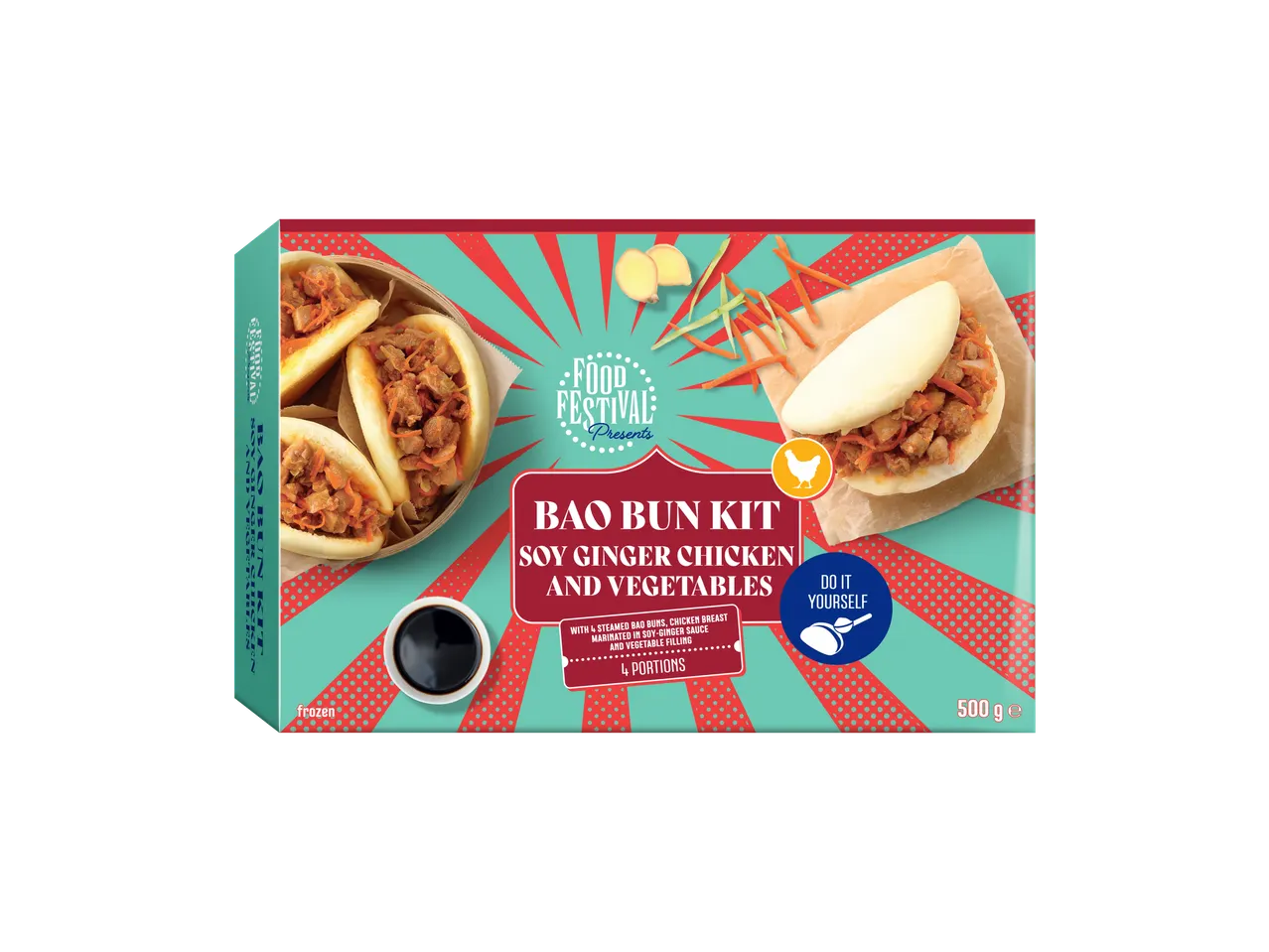 Bao Bun Kit met soja-gember kip en groenten, 4 porties, 500g, diepvries.