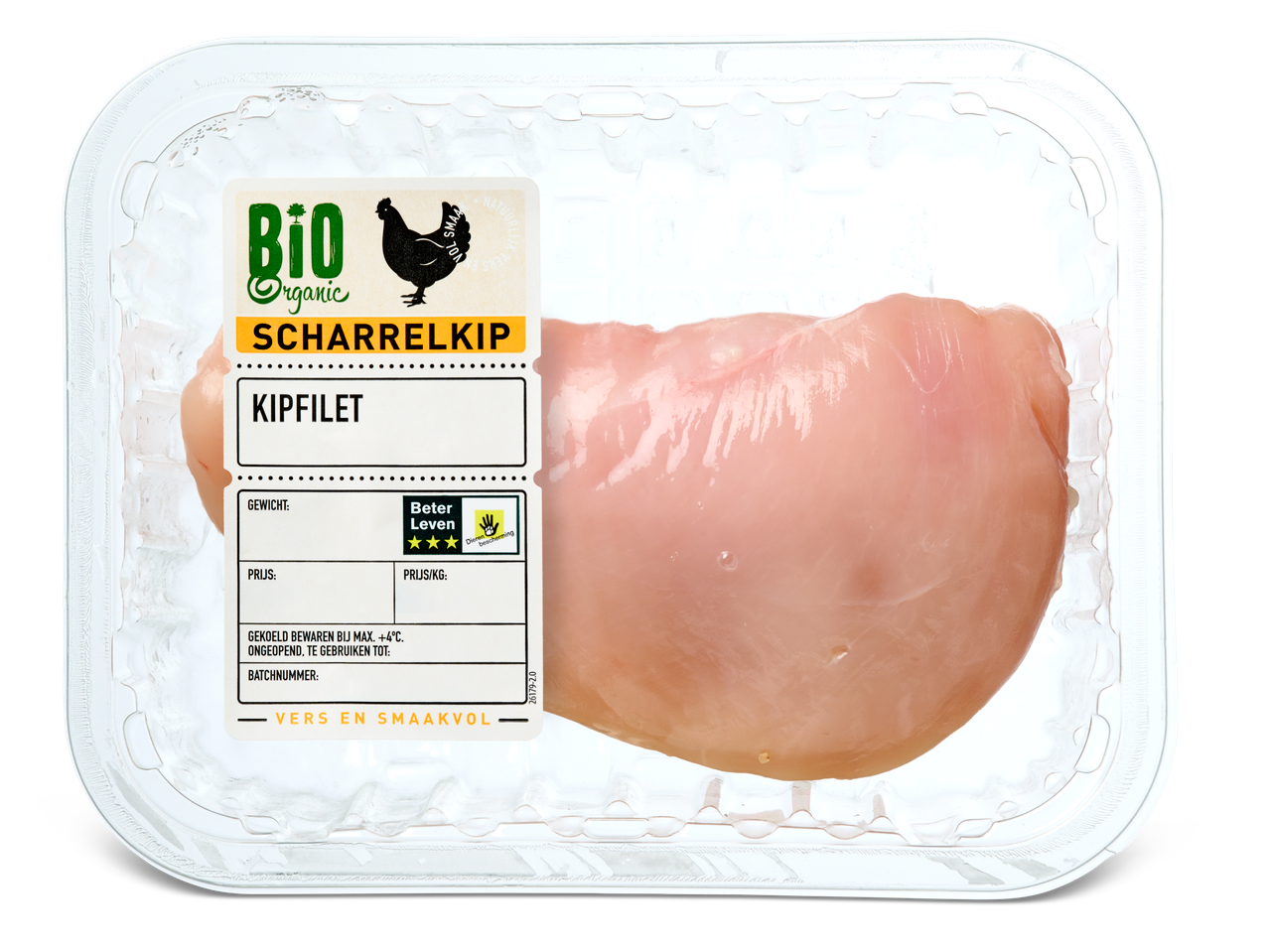 Bio Organic Scharrelkip kipfilet in een transparante verpakking.