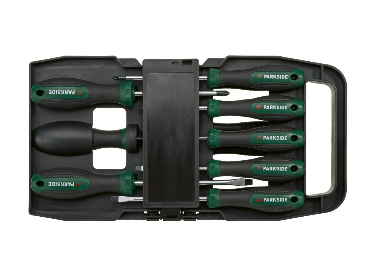 Parkside® kruvikeerajate komplekt mustas karbis, sisaldades erinevaid tüüpe ja suurusi.
