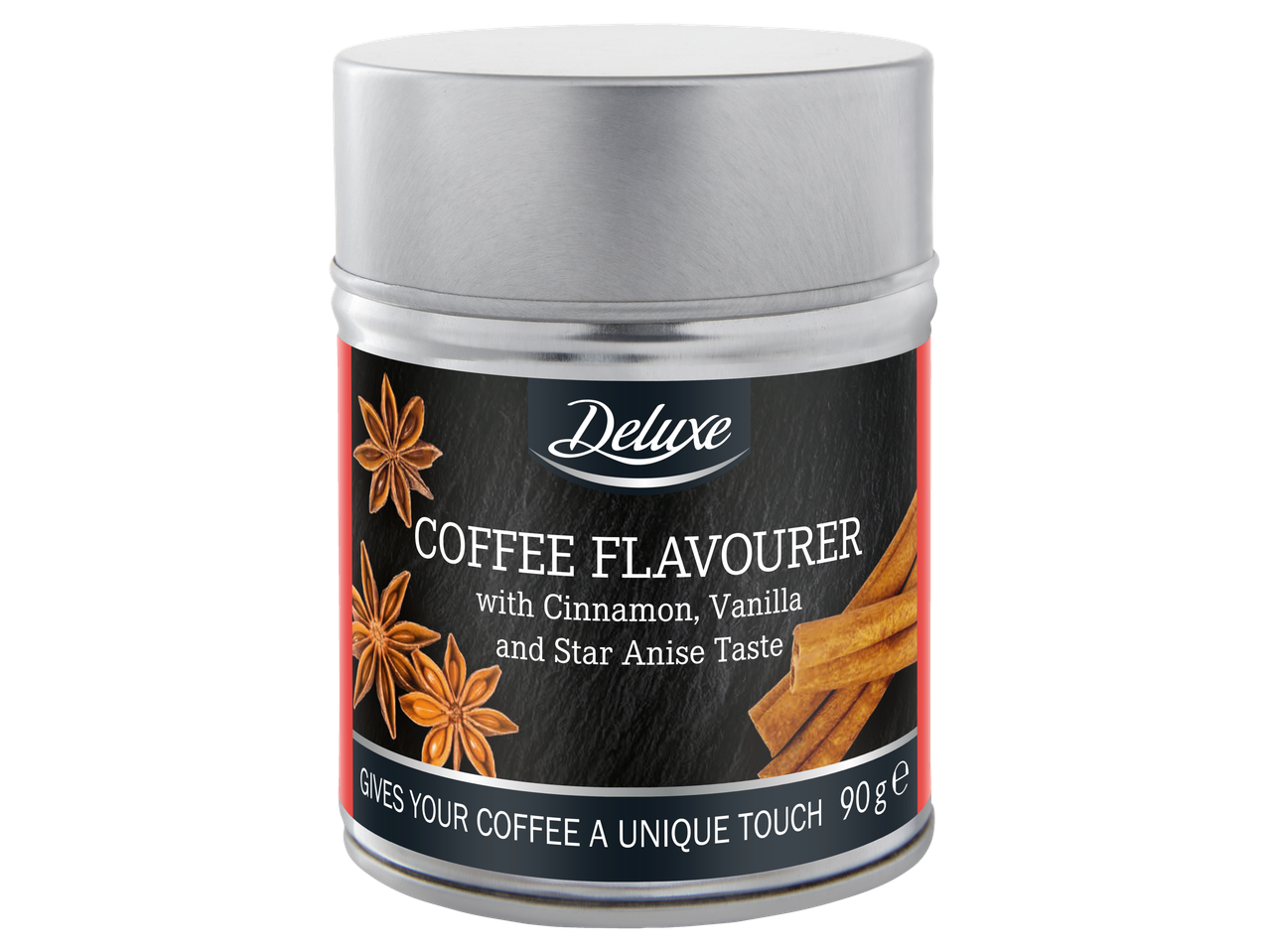 Deluxe kafijas aromatizētājs ar kanēli, vaniļu un anīsa zvaigznēm.