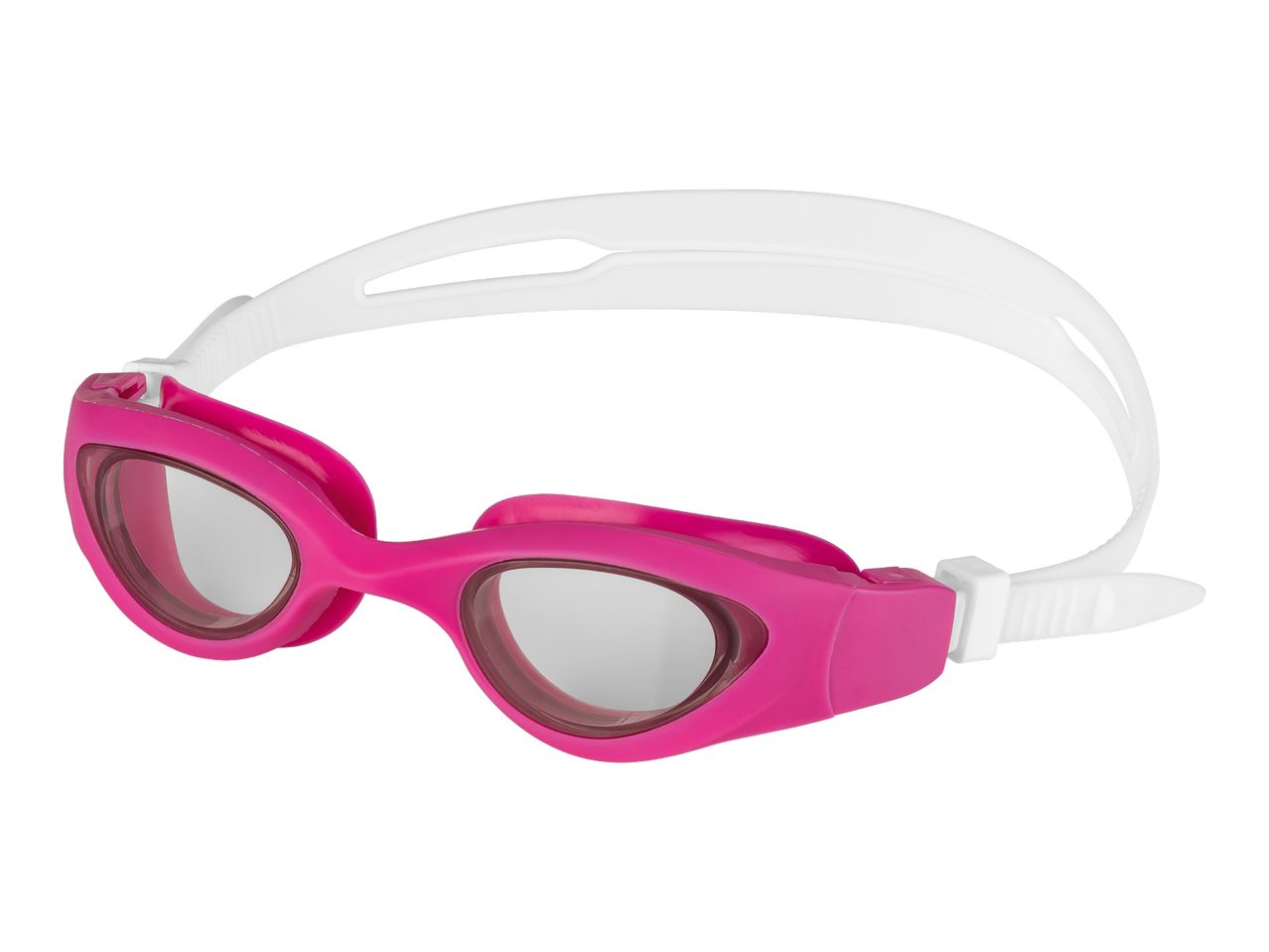 Pink swimming goggles with a white strap, angled view.