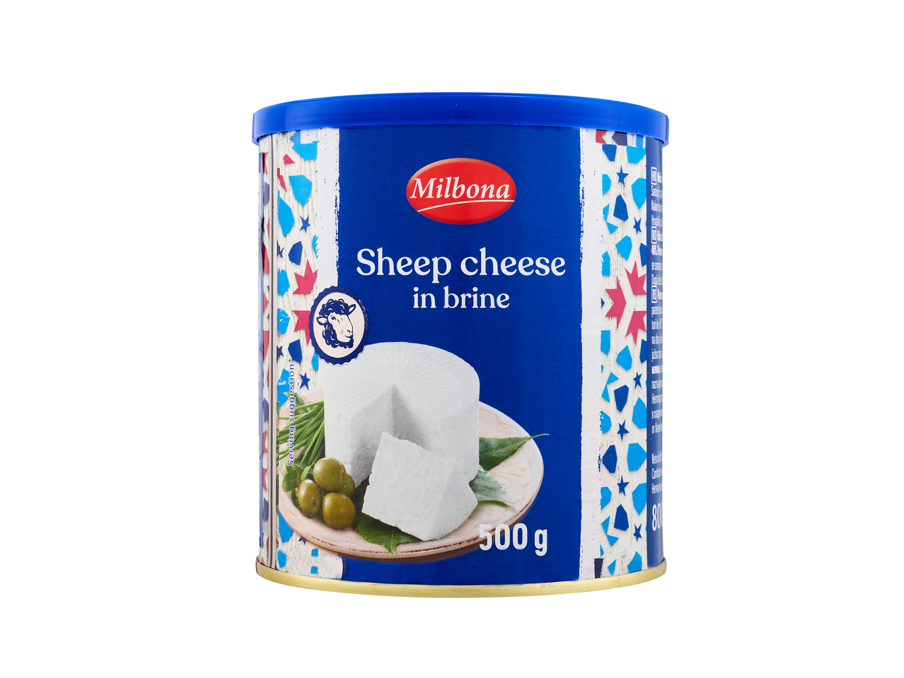 Brânză de oaie Milbona în saramură, 500g, cu măsline și ierburi pe o farfurie