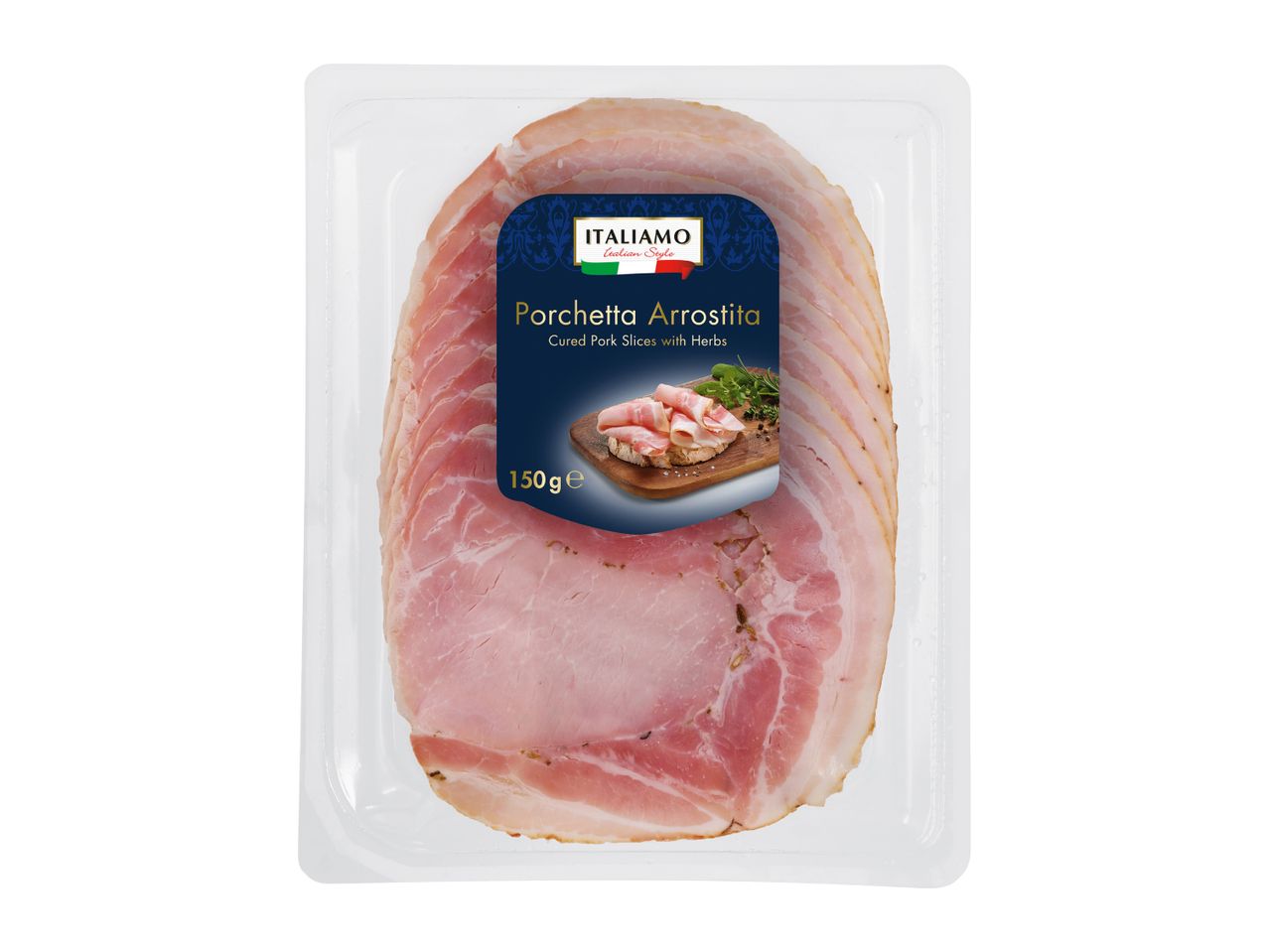 Pack of cured pork slices with herbs, labeled as Porchetta Arrostita, 150g.