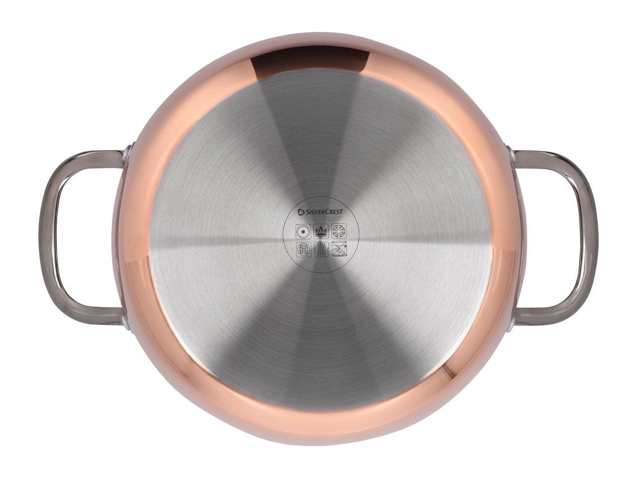 Bottom of a Silvercrest copper-colored cooking pot with stainless steel base