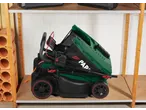 PARKSIDE® 1500W Electric Lawnmower, folded for storage on a shelf.