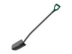 A black and green shovel with a D-handle, angled on a white background.
