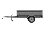 A gray single-axle cargo trailer with a hinged rear door is shown in profile view.