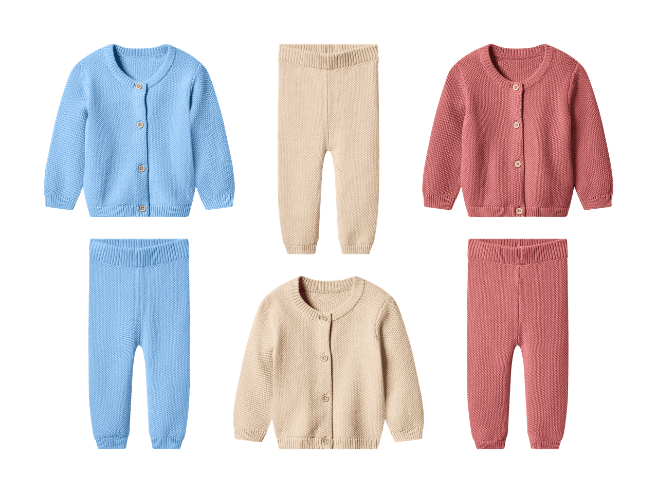 Strikkede cardigans og bukser til babyer i blå, beige og rosa farver.