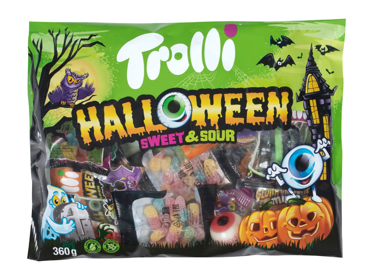 Trolli Halloween Sweet & Sour gummy candy bag with spooky designs and various candies.