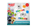 Waterverf kleurblok met kleurplaten, verf en een kwast.