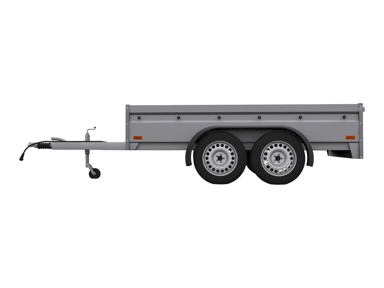 A gray single-axle trailer with a flatbed and two wheels is shown in profile view against a white background.