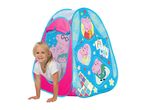 Girl crawling out of a pink and blue play tent with cartoon pig characters.