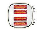 Top view of a four-slice toaster with glowing heating elements and bread inside.