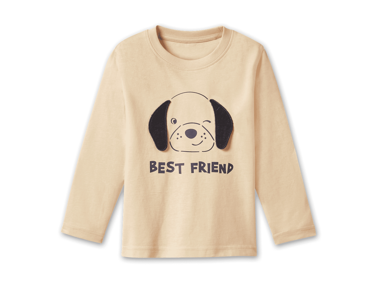 Beigefarbenes Langarmshirt mit Hundegesicht und der Aufschrift „BEST FRIEND“.