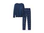 Blue fleece pajamas with a star and moon pattern on the pocket and all over the trousers.