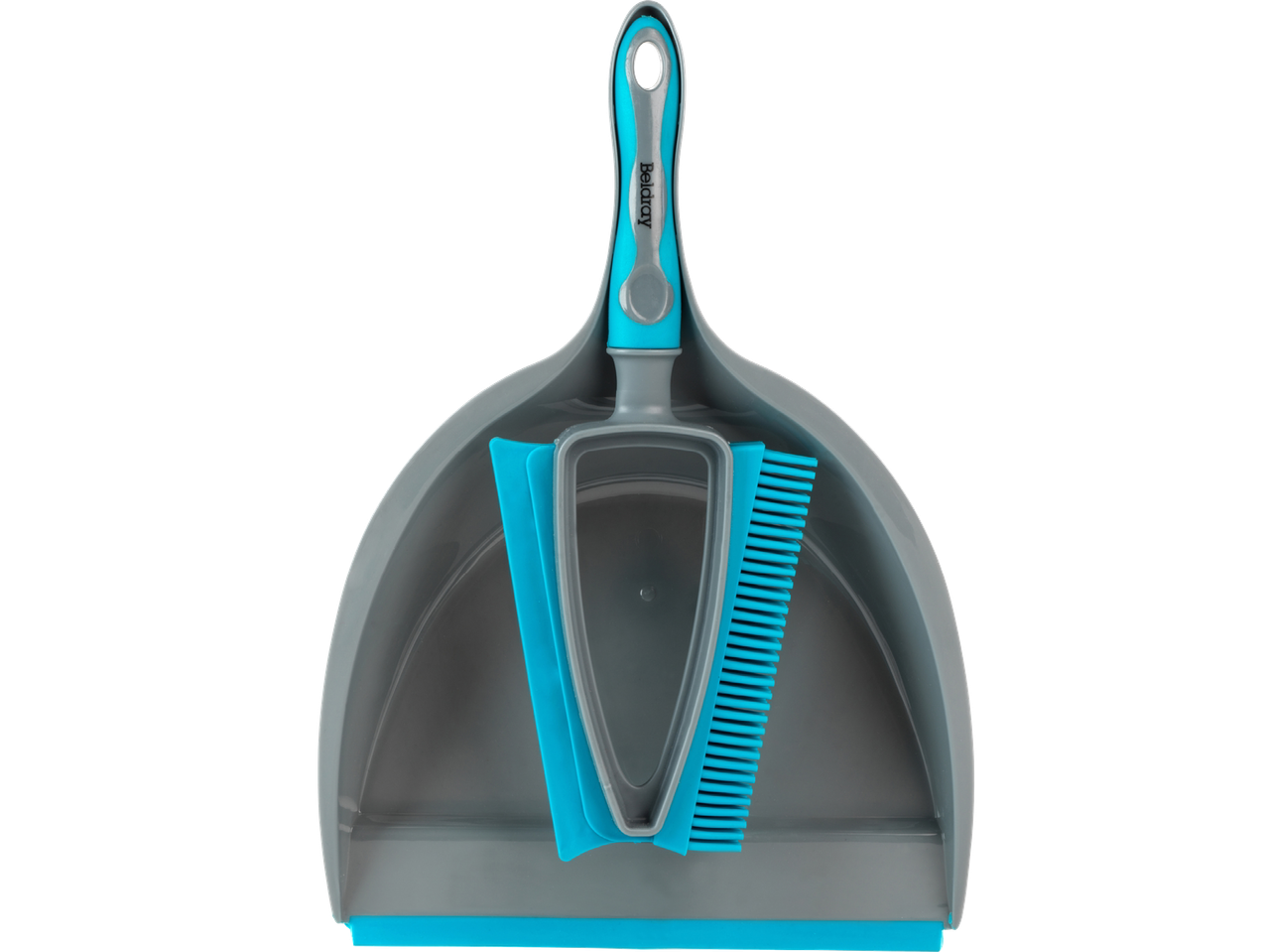 Grå och turkos sopskyffel och borste.