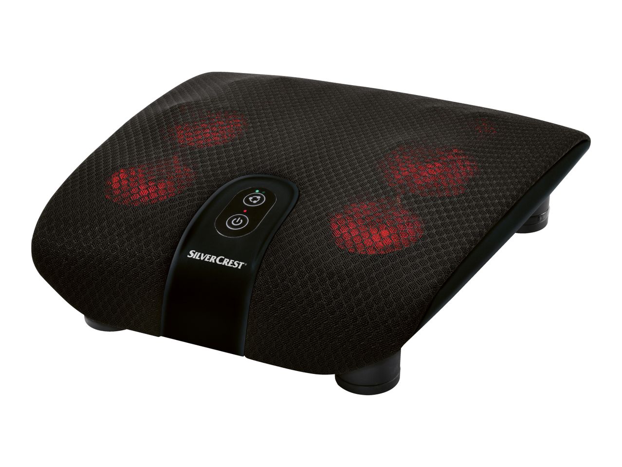 Black foot massager with red illuminated massage nodes and control panel.