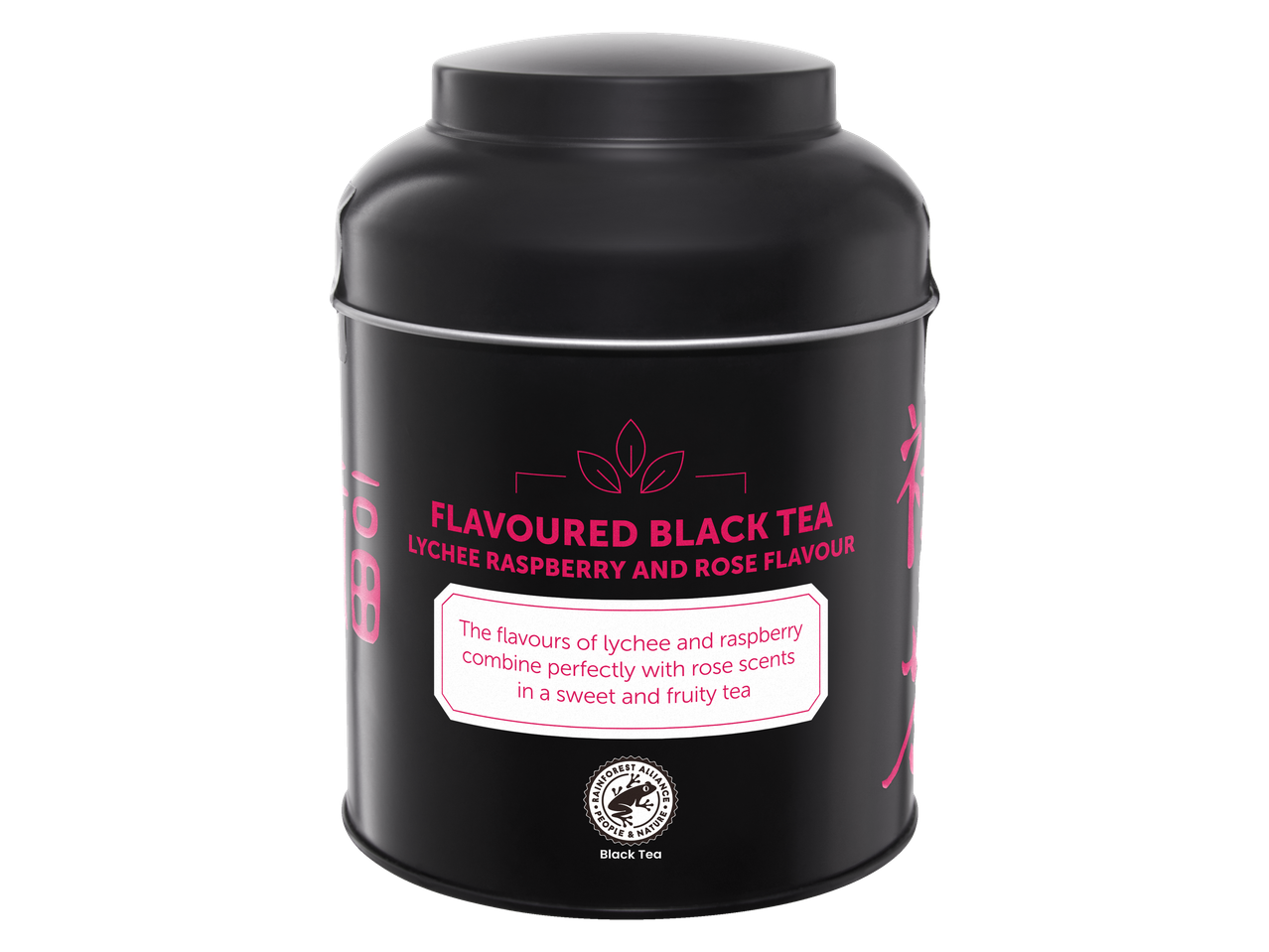 Chá preto aromatizado com lichia, framboesa e rosa em lata.