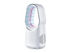 White bladeless fan with blue and pink light accents, featuring control buttons and air vents.