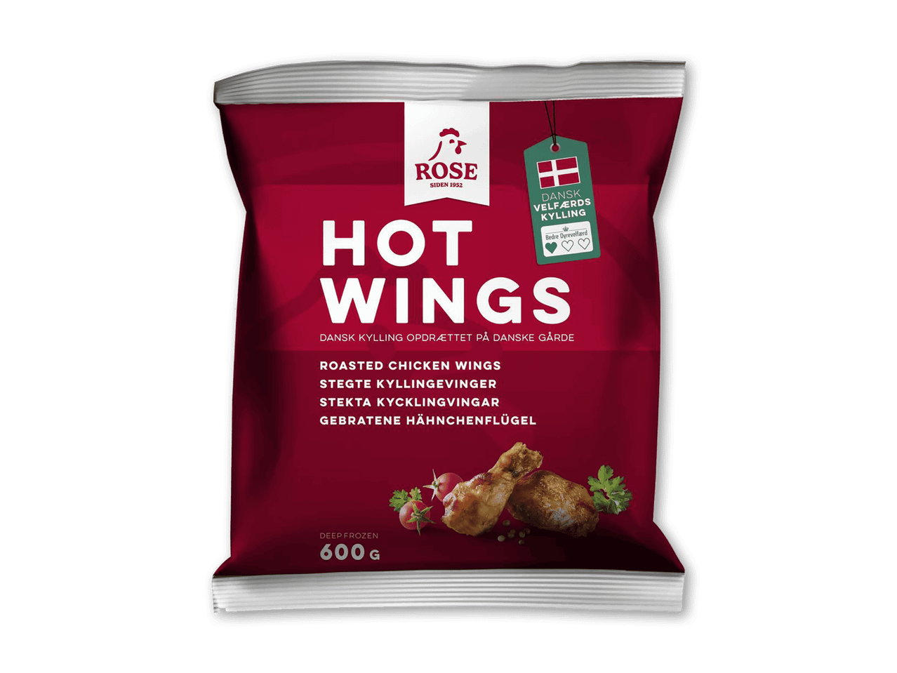 Rød pose med hot wings, 600g, dybfrosne, med dansk velfærdskylling.