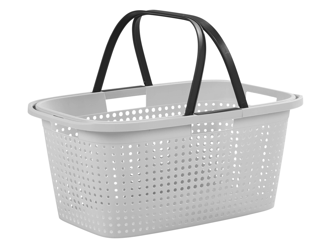 Light grey plastic shopping basket with black handles, featuring a perforated design.