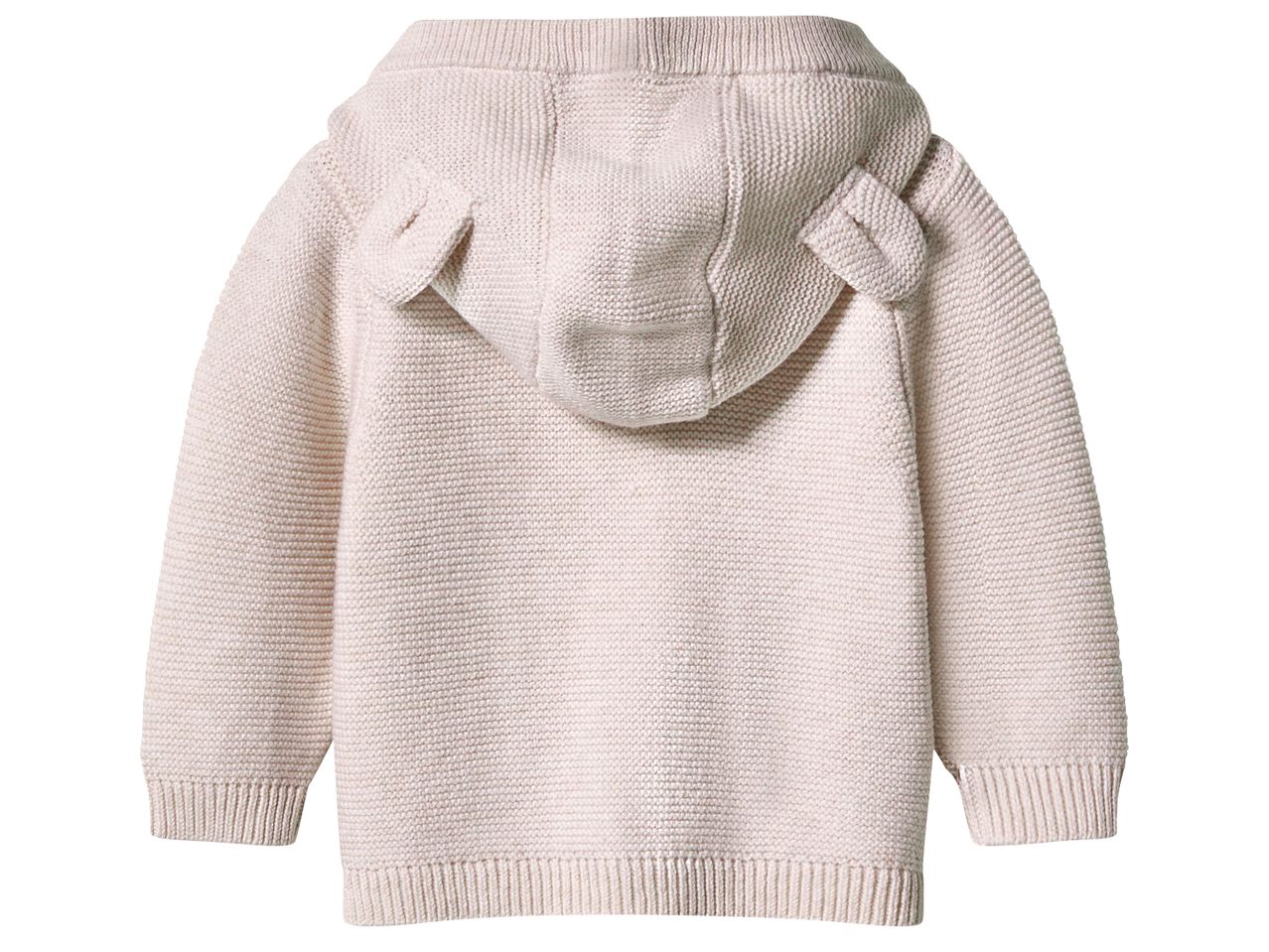 Бежова детска жилетка с качулка с ушички, с изглед отзад.