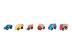 Wooden toy vehicles including a police car, tow truck, ambulance, fire truck, and police van.