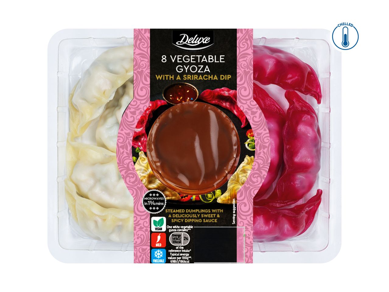 8 vegetable gyozas with a sriracha dip, chilled and microwavable.